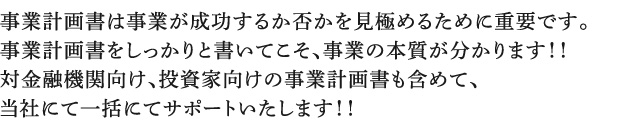 事業計画書は事業が成功するか否かを見極めるために重要です。事業計画書をしっかりと書いてこそ、事業の本質が分かります！！対金融機関向け、投資家向けの事業計画書も含めて、当社にて一括にてサポートいたします！！